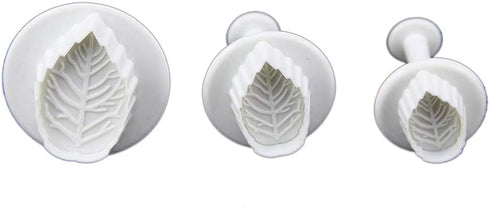 FD-010 Veined Rose Leaf Plunger Cutter Tool - Cake Decorating Fondant Embossing Tool, Set of 3, White