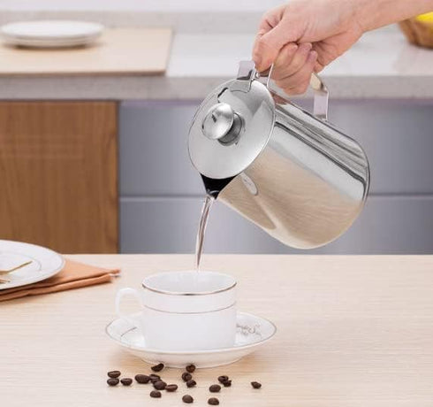 Milk Frothing Pitcher, Stainless Steel Coffee Cup with Lid for Home Office Kitchen Coffee Shop Latte Art, Silver