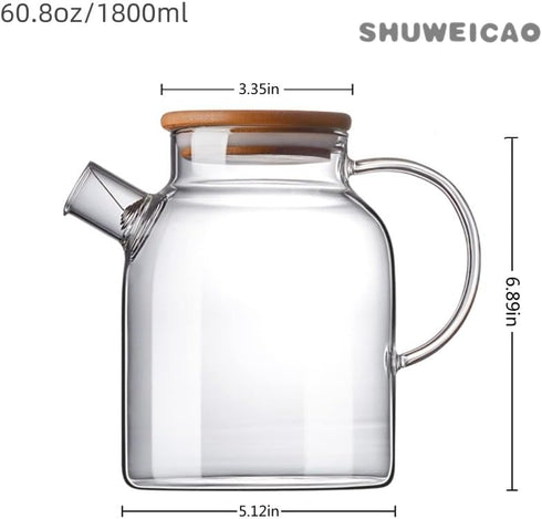 Glass Teapot, Stovetop and Microwave Safe Borosilicate Teapot, 60.8 oz with Natural Bamboo Lid and Removable Filter