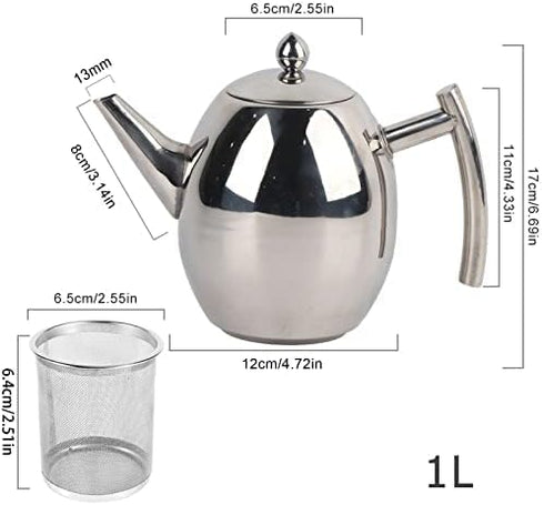 Coffee Tea Pot - Stainless Steel Teapot with Filter, Large Capacity Polished Kettle for Home, Hotel, Cafe (1000ML)