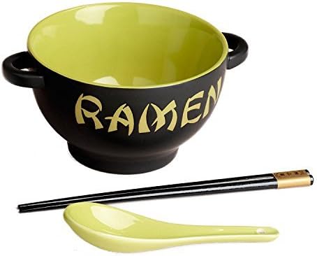 World Market Japanese Ceramic Ramen Bowl Set - 4-pc Green Rooster Noodle Bowl with Soup Spoon and Chopstick - Soup Bowls for Noodle Soup, Ramen, Udon, Miso, Thai, Curry, Soba, Pho Soup - 17 Ounce