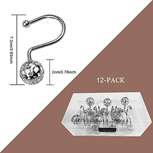 12Pcs Luxury Quality Hollow Ball Shower Curtain Hooks, Rustproof Stainless Steel Rings for Bathroom Rod (Chrome)