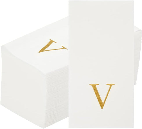 15.8 7.9 Inch 50 Luxenap X Linen-Feel Guest Towels, Lettered Hand Towels - Gold Letter 'V', Sans Serif Font, White