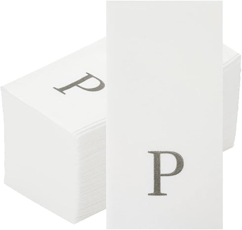 15.8 7.9 Inch 50 Luxenap X Linen-Feel Guest Towels, Lettered Hand Towels - Silver Letter 'P', Sans Serif Font, White