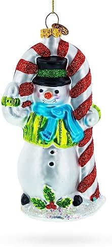 Snowman with The Mint Candy Cane Glass Christmas Ornament