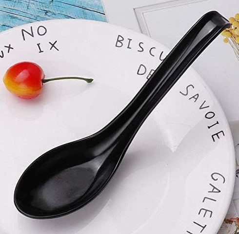 Happy Sales HSSP-MLDBK6 Melamine Soba Rice Spoons, 6 pc Black Asian Chinese Ladle Soup Spoons