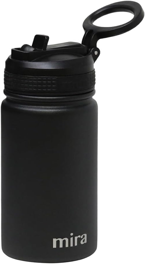 MIRA 12 oz Small Insulated Water Bottle, Leak-Proof Stainless Steel with Straw Lid for Travel, Gym - Black