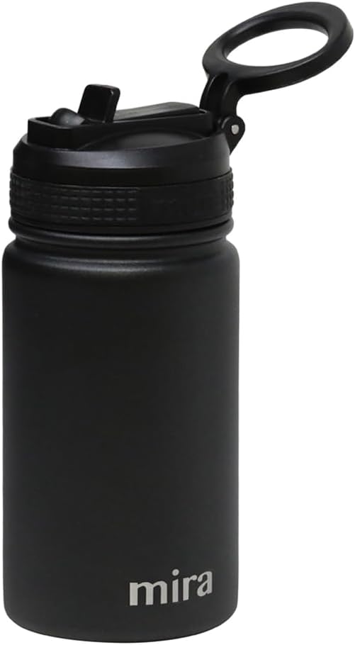 MIRA 12 oz Small Insulated Water Bottle, Leak-Proof Stainless Steel with Straw Lid for Travel, Gym - Black