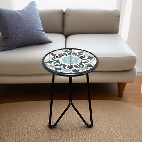 Table,12" LIFFY Outdoor Side Indoor Small Round Glass Tabletop Accent Table with Metal Frame, Home Decorative Plant