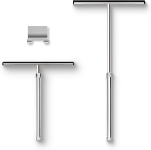 Shower Squeegee with Long Handle and Adhesive Hook for Glass Doors, Tile Walls, Mirrors, and Windows