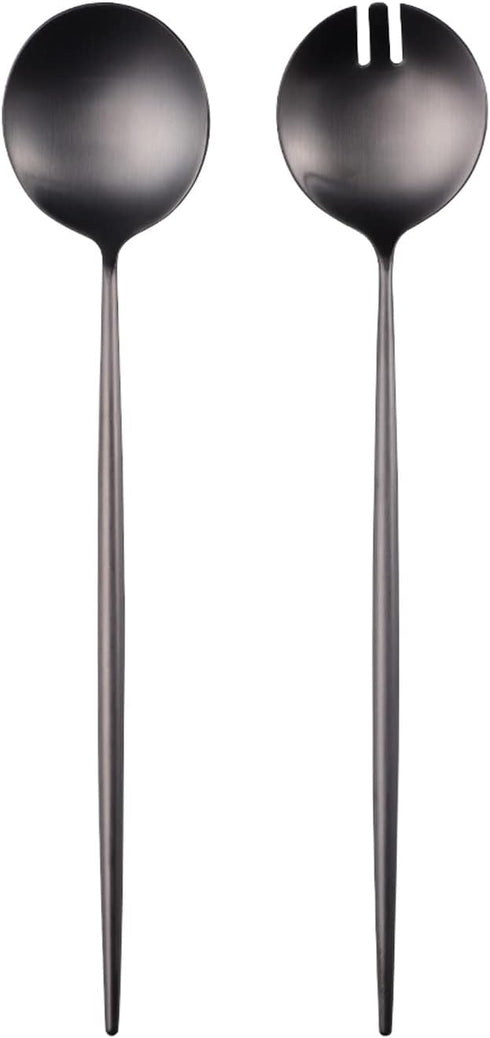Salad Servers - 11.41 inch Spoon and Fork Set, 18/10 Stainless Steel with Titanium Plating (Black)