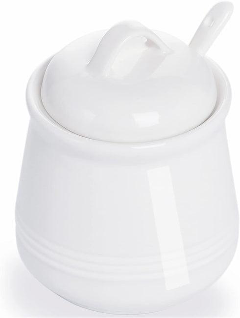 HAOTOP Porcelain Sugar Bowl, Ceramic Salt Bowl with Spoon and Lid, 12 Ounces White