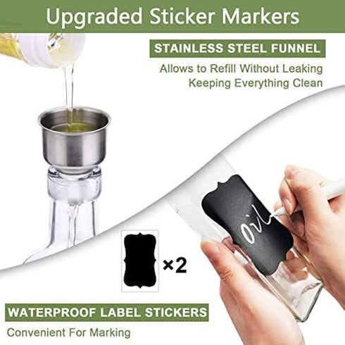 Olive Oil Dispenser Bottle Set, 2 Pcs Glass with Stainless Steel Pourers, Labels, Brush, Funnel, 500ml