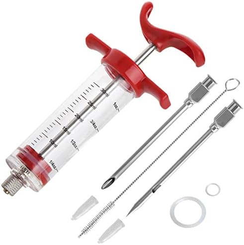 Premium Meat Injector, Marinade Syringe with 2 Needles for BBQ Grill, Turkey Cooking, 1-oz Capacity, Red