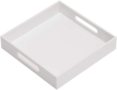 KEVLANG Glossy White Sturdy Acrylic Serving Tray with Handles-10x10Inch-Serving Coffee,Appetizer,Breakfast,Butler-Kitchen Countertop-Makeup Drawer