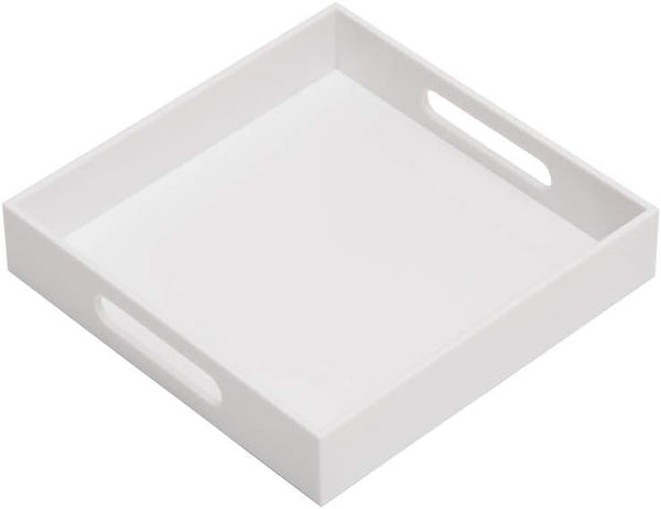 KEVLANG Glossy White Sturdy Acrylic Serving Tray with Handles-10x10Inch-Serving Coffee,Appetizer,Breakfast,Butler-Kitchen Countertop-Makeup Drawer