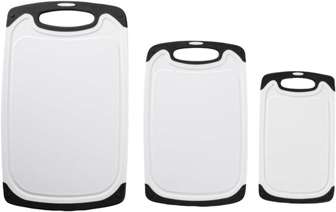 Comfy Grip 3-Piece Cutting Board Set, Food-Grade Kitchen Boards with Deep Juice Grooves, White and Black