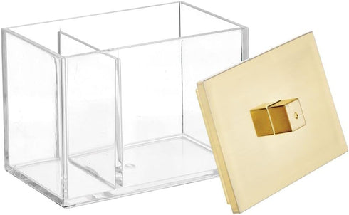 mDesign Modern Square Bathroom Vanity Storage Organizer Canister Jar for Cotton Swabs, Makeup Sponges - Clear/Soft Brass