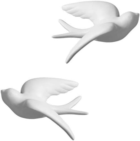 Pair of Ceramic Birds, White Wall Mounted Decor for Bathroom, Living Room, Garden Sculptures, Small