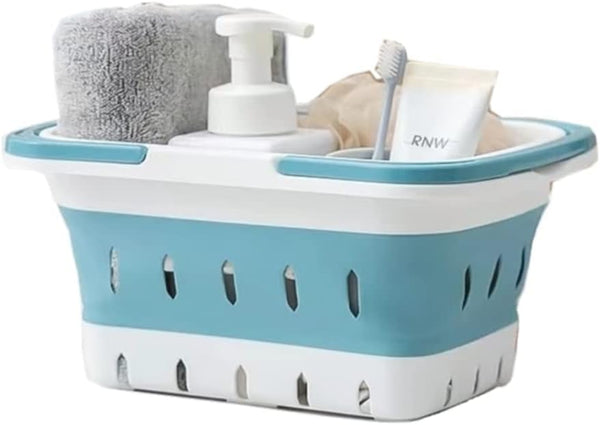 Plastic Caddy for Cleaning Supplies, Collapsible Storage Basket with Handles, Organizer Bin for Bathroom, Kitchen (Blue)
