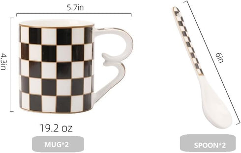 Porlien Checker Porcelain 18-ounce Mug Set of 2 with Teaspoon, Coffee Mugs and Tea Cups