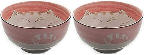JapanBargain 2483 Japanese Porcelain Soup Bowl, Ramen Bowl with Maneki Neko Smiling Cat Pattern, 5-inch (2, Pink)