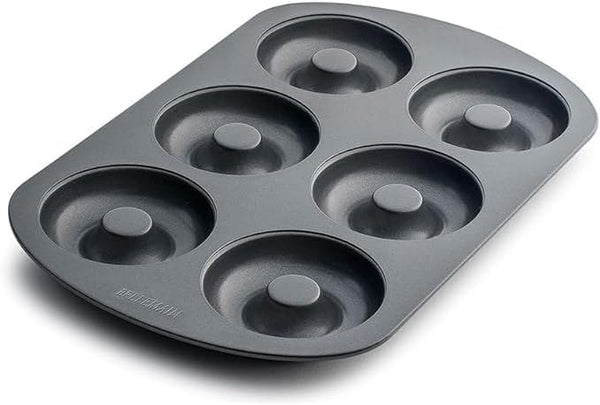 Bellemain Premiere Donut Pan for Baking, Nonstick 12.5 x 8.5” with 6-Doughnut Molds, Includes 2 Steel Trays