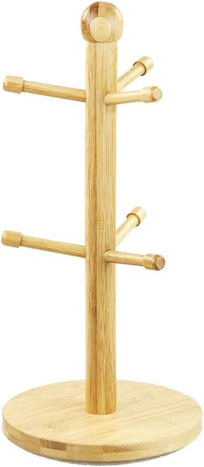 Home Basics Bamboo Mug Tree, Holds Up to 6 Coffee Cups, Free Standing Circular Base for Kitchen Countertop, Beige