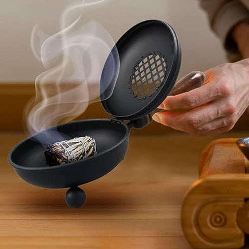 4.72-Inch Black Iron Incense Burner with Wooden Handle and Folding Lid Premium (Diameter) Censer for Burning Incense