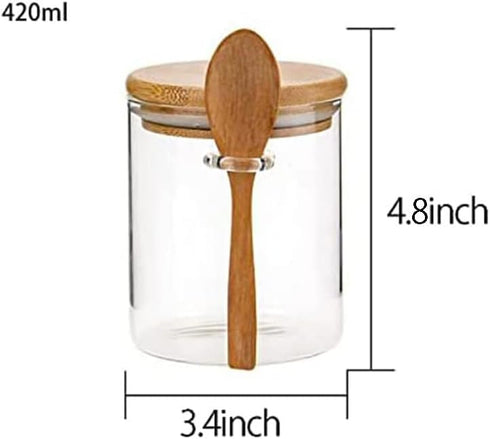 123Arts Glass Container Sugar Bowl Spice Jar Food Storage with Wooden Lid and Spoon