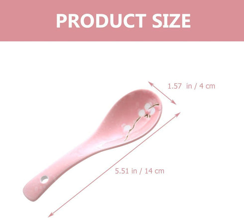 Healvian 6pcs Chinese/Japanese Ceramic Soup Spoons, Pink Snow Pattern Porcelain Ramen Spoons for Soup, Dumpling