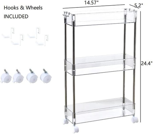 Chris.W Slim Storage Cart, 3 Tier with Wheels, Clear Bathroom Organizer for Kitchen, Laundry, Office, 5.2" W