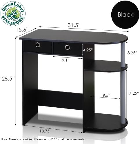 Furinno Go Green Home Laptop Computer Desk/Table with 2 Drawer Bins, Black/Grey