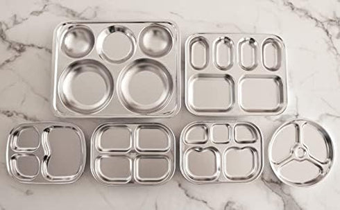 Korean Stainless Steel Divided Plates, Kids Tray, BPA Free 3 Compartment Plate, Set of 2 Silver