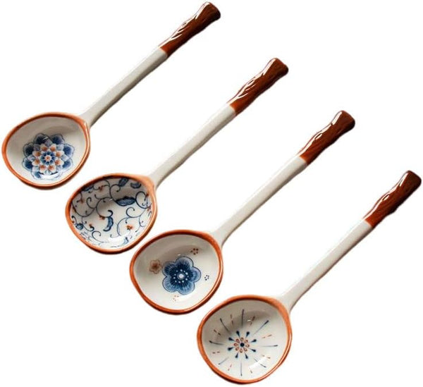 Chinese Handmade Ceramic Large Spoon, Long Handle Retro Porcelain Spoons for Ramen, Pho, Large Soup Spoons
