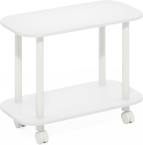 2-Tier Furinno Turn-N-Tube Side Table, Oval Sofa End Table with Wheels, Round Corner Night Stand, Bedside Table