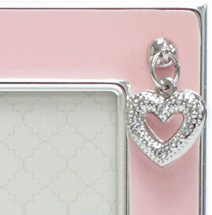 4x6 MIMOSA MOMENTS Silver Plated Baby Picture Frame, Pink Enamel & Rhinestone Heart Charm, Tabletop Frame for Baby Girl