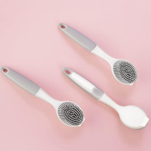 AMORBASE Dish Scrubber, Silicone Soft Bristles Scrub Brush with Scraper Tip, Comfortable Grip Brushes for Kitchen Sink
