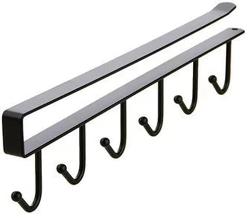 2pcs Multi-Hooks Under The Cabinet 6-Hook Hanging Hook Rack Kitchen Utensil Cupboard Hanger Chest Organizer Cup Holder for Coffee Bar, Fit for 0.8 Inch Thickness Shelf or Less, Nail Free (Black) by LZYDD