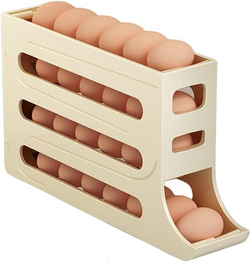 4 Tiers Egg Holder for Fridge - Automatic Egg Rolling Rack for 30 Eggs Storage (Cream Color)