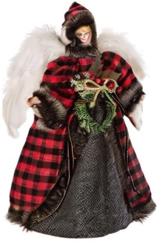 Glitzhome Handmade Plaid Angel Figurine Christmas Treetop Ornament, 12" H, Red & Black