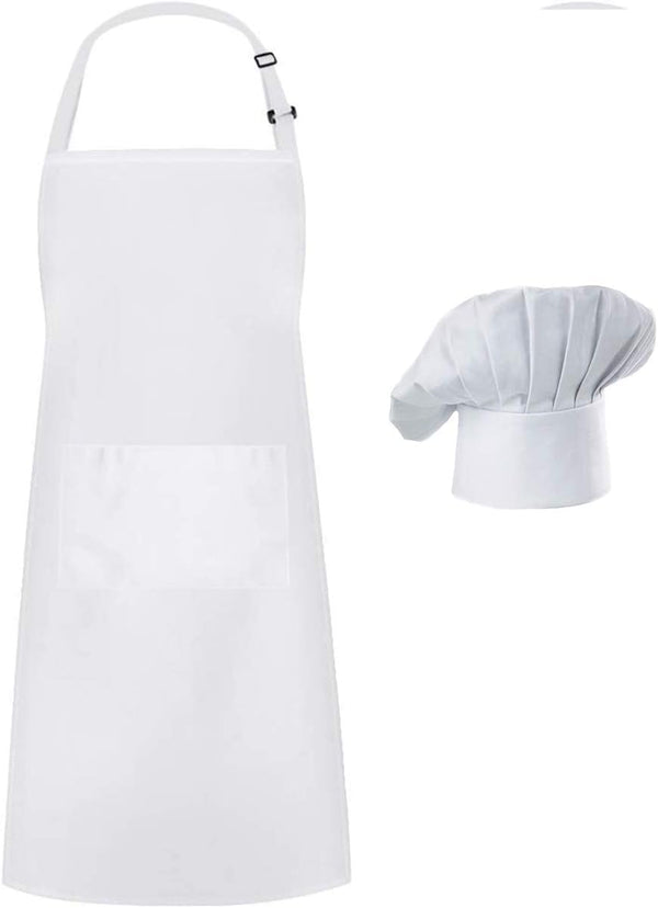 Hyzrz Chef Apron Hat Set - Adjustable Kitchen Apron with Butcher Hat for Men and Women, Father's Gift in White