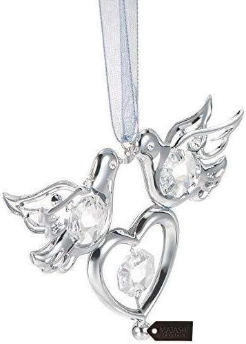 Matashi Chrome Plated Crystal Studded Silver Love Doves Birds Ornament with Heart, Romantic Gift for Christmas