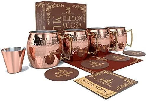 Hammered Moscow Mule Copper Mug Set of 4, Stainless Steel Lining, 16 oz