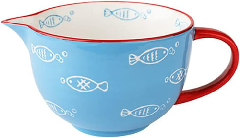 Blue Fish Pattern Kitchen Ceramic Mixing Bowl, 0.5 Quart, with Pouring Spout and Handle