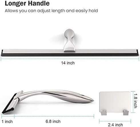 Stainless Steel Shower Squeegee, 14 Inch for Shower Doors, Bathroom, Mirrors, Tiles, Car Windows with 2 Hooks (Silver)
