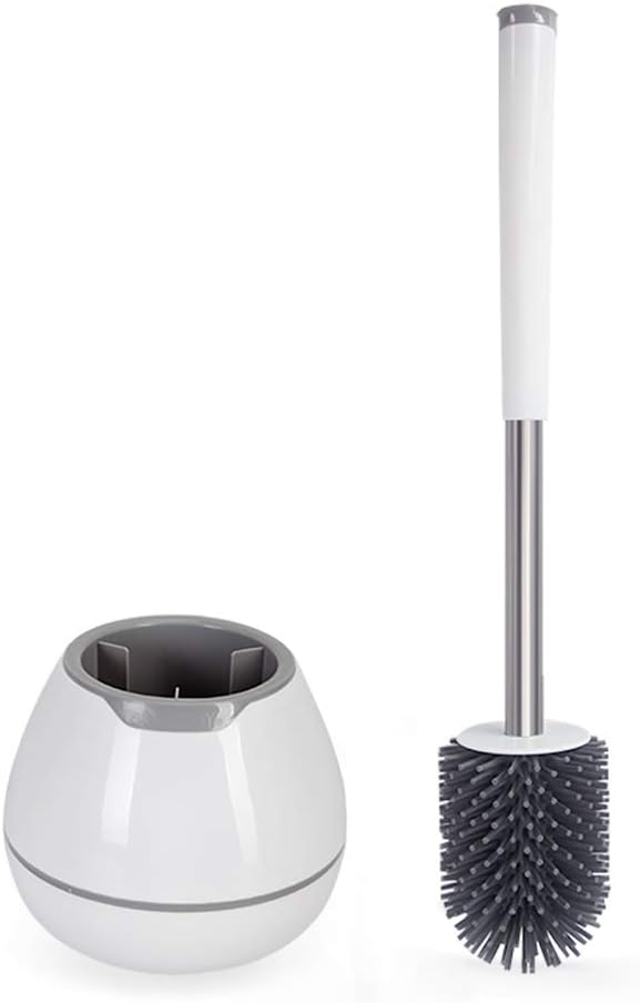 BOOMJOY Toilet Brush and Holder Set, Silicone Toilet Bowl Cleaner with Tweezers, Bathroom Accessories - White