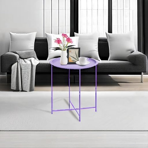 4 Garden you End Table Metal Side Table Purple Round Folding Tray Cyan Sofa Small Accent Fold-able Table, Round End