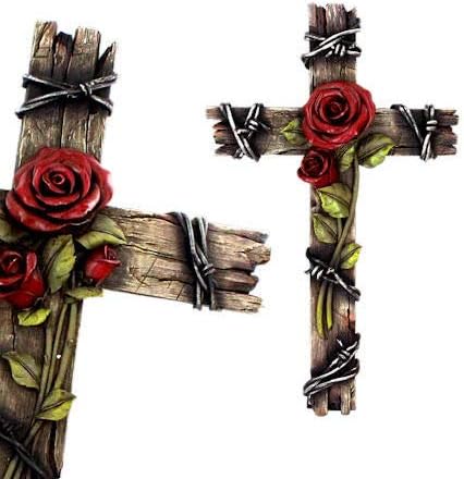 Polly House 10" Rose with Wood Look Resin CROSS Wall Decoration, Great for Gifts
