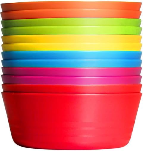 Kids Plastic Bowls Set of 12, 10 Ounce Microwave Dishwasher Safe BPA Free Non Toxic Toddler Bowls in 6 Bright Colors